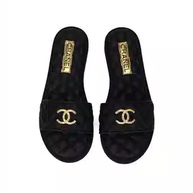CHANEL Leather Open Toe Flat Sandals Black