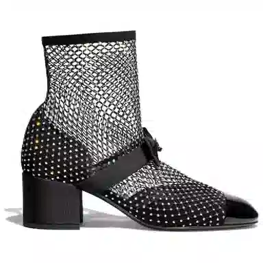 CHANEL Fishnet Sleeve Block Heel Ankle Boots Black
