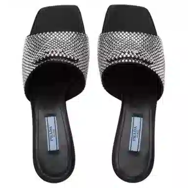 Prada Crystal Satin Wedge Sandals Black