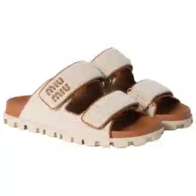 Miu Miu Canvas Toe-Ring Slides Beige