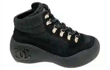 CHANEL Lace-Up Round Toe Ankle Boots Black