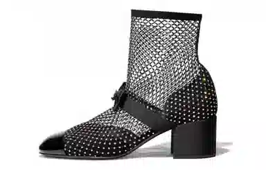 CHANEL Fishnet Sleeve Block Heel Ankle Boots Black