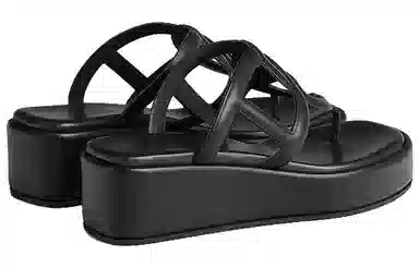 Hermes Leather Herringbone Platform Sandals Black