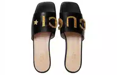 Gucci Leather Logo Slide Sandals Black Gold