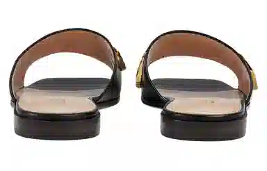 Gucci Leather Logo Slide Sandals Black Gold
