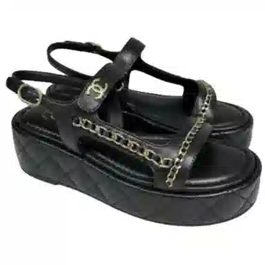 CHANEL 25S Round Toe Buckle Sandals Black