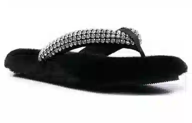 Alexander Wang Crystal Faux Fur Slides Black