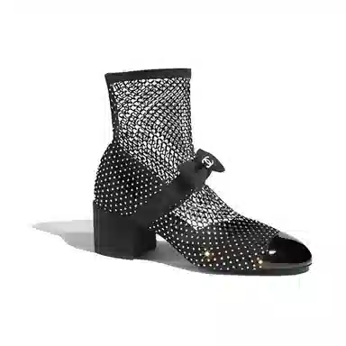 CHANEL Fishnet Sleeve Block Heel Ankle Boots Black