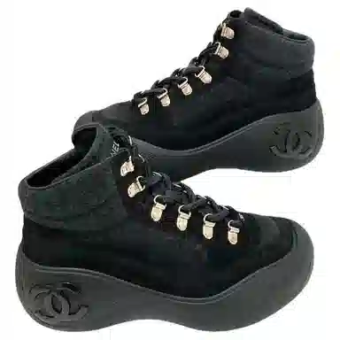 CHANEL Lace-Up Round Toe Ankle Boots Black