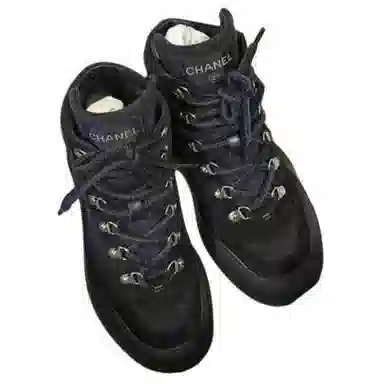 CHANEL Lace-Up Round Toe Ankle Boots Black