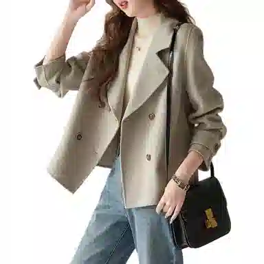 【dme】 纯色西装领双排扣短款长袖大衣 女款 慕斯杏