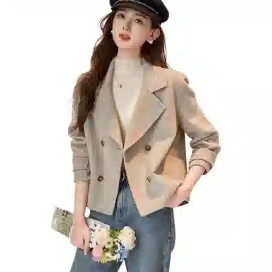 【dme】 纯色西装领双排扣短款长袖大衣 女款 慕斯杏