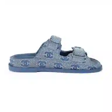 CHANEL Miel Denim Flat Sandals Blue