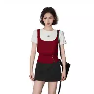 柏黛妃 假两件撞色修身圆领收腰短袖针织衫 女款