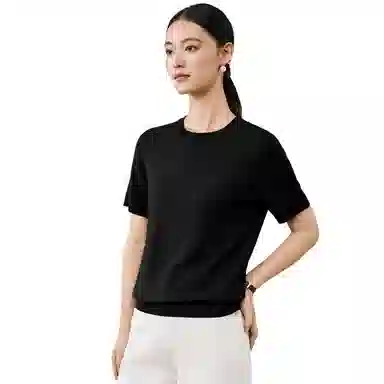 恒源祥 羊毛衫女纯圆领纯色短袖修身针织衫 女款