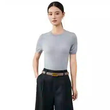 恒源祥 羊毛衫女纯圆领纯色短袖修身针织衫 女款