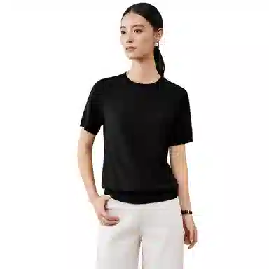 恒源祥 羊毛衫女纯圆领纯色短袖修身针织衫 女款