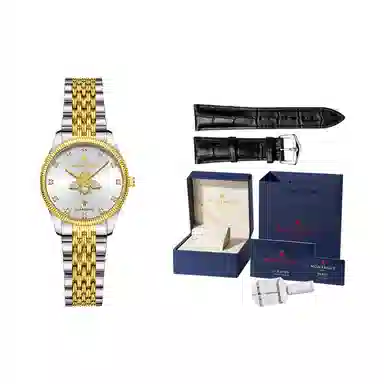 梦特娇 时尚日期显示潮流 石英机芯 精钢表带 国表 男表 金色表盘 夜光防水