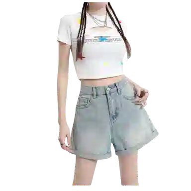 北极绒 简约舒适百搭高腰时尚牛仔短裤 女款