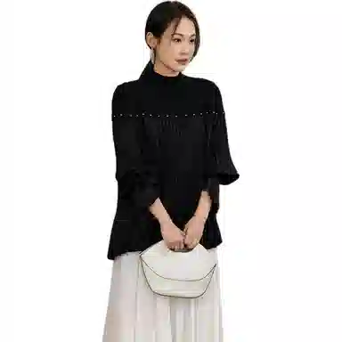 美洋 假两件半高领拼接百褶针织衫 女款