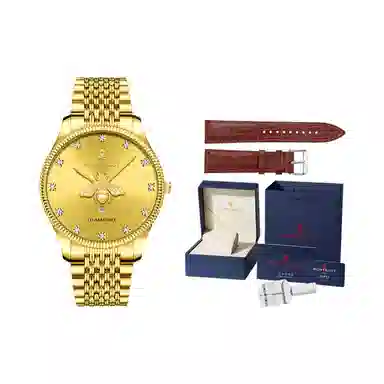 梦特娇 时尚日期显示潮流 石英机芯 精钢表带 国表 男表 金色表盘 夜光防水