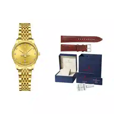 梦特娇 时尚日期显示潮流 石英机芯 精钢表带 国表 男表 金色表盘 夜光防水