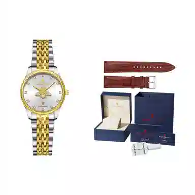 梦特娇 时尚日期显示潮流 石英机芯 精钢表带 国表 男表 金色表盘 夜光防水