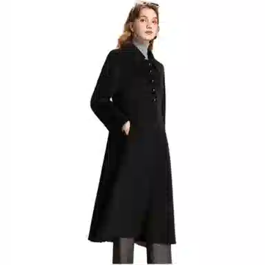 粉红玛琍 翻领中长款通勤大衣 女款 黑色