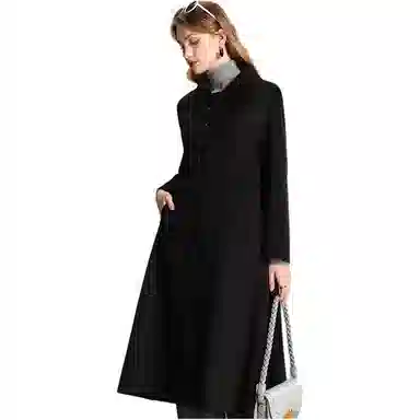 粉红玛琍 翻领中长款通勤大衣 女款 黑色