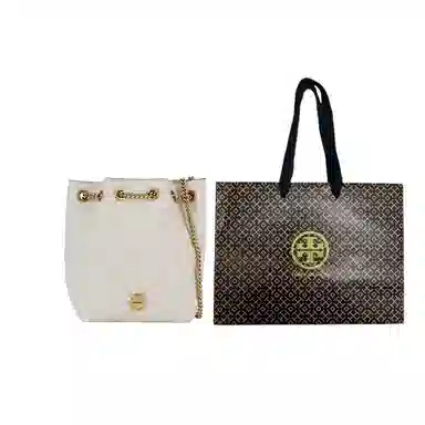 Tory Burch Metal Logo Chain Strap Bucket Bag Beige