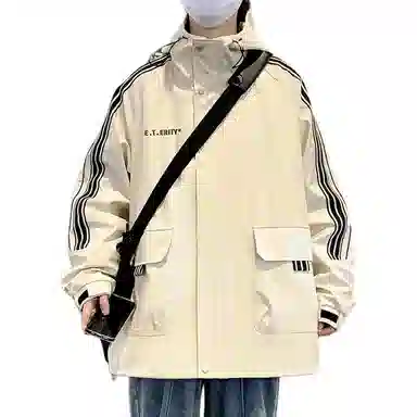 顶峰保罗 美式条纹拼接撞色拉链休闲工装长袖连帽上衣无性别主义直筒宽松加肥加大简约百搭潮牌高街夹克外套 男女同款