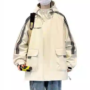 顶峰保罗 美式条纹拼接撞色拉链休闲工装长袖连帽上衣无性别主义直筒宽松加肥加大简约百搭潮牌高街夹克外套 男女同款