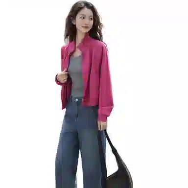 【dme】 休闲立领拉链插肩长袖夹克外套 女款 玫粉色