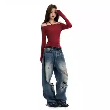 APEA Asymmetric Tie Shoulder Long Sleeve T-Shirt