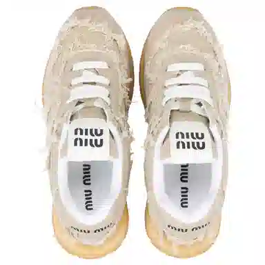 Miu Miu Round Toe Lace-Up Low Sneakers Beige