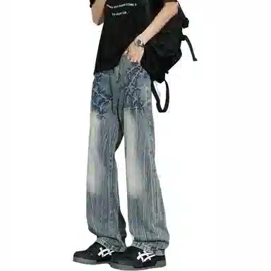 大白鲨 小众设计感闪电纹牛仔裤 男女同款