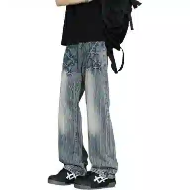 大白鲨 小众设计感闪电纹牛仔裤 男女同款