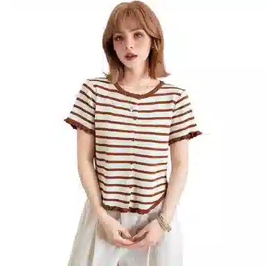 法文箱子 撞色圆领修身短袖针织衫 女款