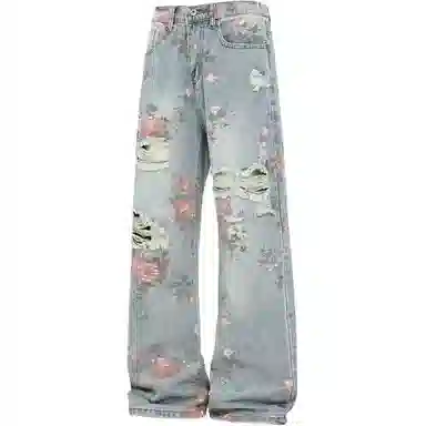 Unknown Brand Vintage Rose Jacquard Wide Leg Jeans