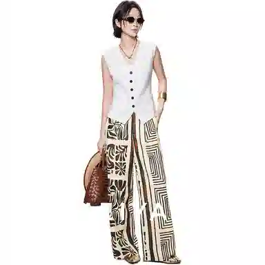 美洋 棉麻混纺印花直筒休闲裤 女款