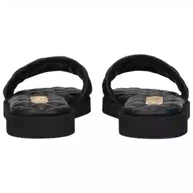 CHANEL Leather Open Toe Flat Sandals Black