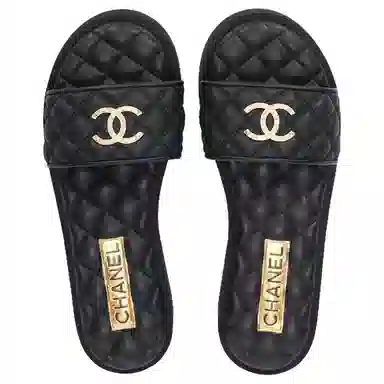 CHANEL Leather Open Toe Flat Sandals Black