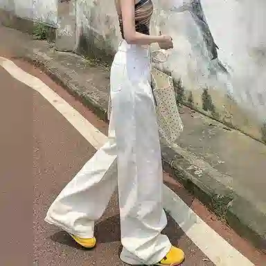 欧迪芬 美式高街白色牛仔裤女士秋夏季小个子窄版直筒宽松舒适显瘦宽腿遮肉拉长腿拖地薄款阔腿裤高腰收腹通勤休闲垂感百搭休闲裤 女款