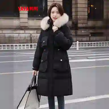 鸭鸭 中长款百搭狐狸毛领常规长袖羽绒服 女款