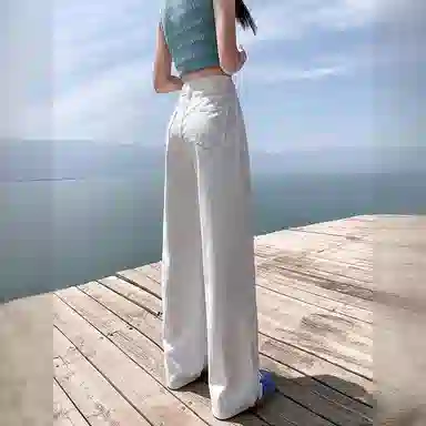 欧迪芬 韩式辣妹天菜小个子女神裤显瘦梨形身材白色皱褶窄版休闲裤子女士春夏秋显高腰遮肉直筒垂感拖地阔腿裤通勤百搭潮流女牛仔裤 女款