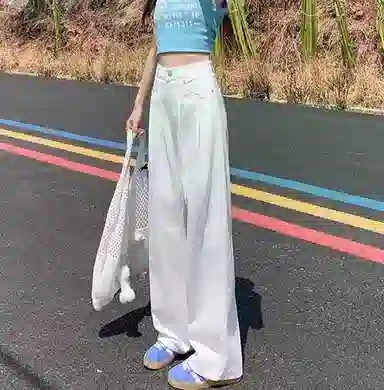 欧迪芬 韩式辣妹天菜小个子女神裤显瘦梨形身材白色皱褶窄版休闲裤子女士春夏秋显高腰遮肉直筒垂感拖地阔腿裤通勤百搭潮流女牛仔裤 女款