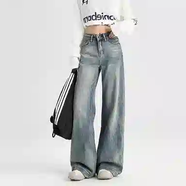 小卷要加油 修身适中高腰阔腿牛仔裤 女款