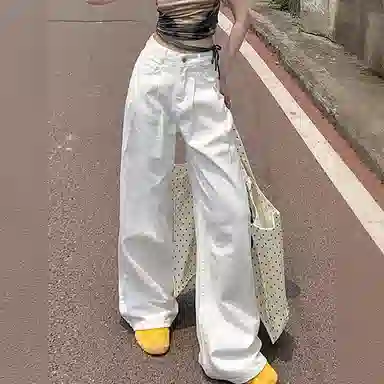 欧迪芬 美式高街白色牛仔裤女士秋夏季小个子窄版直筒宽松舒适显瘦宽腿遮肉拉长腿拖地薄款阔腿裤高腰收腹通勤休闲垂感百搭休闲裤 女款