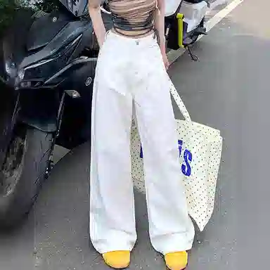 欧迪芬 美式高街白色牛仔裤女士秋夏季小个子窄版直筒宽松舒适显瘦宽腿遮肉拉长腿拖地薄款阔腿裤高腰收腹通勤休闲垂感百搭休闲裤 女款