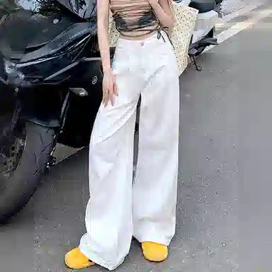 欧迪芬 美式高街白色牛仔裤女士秋夏季小个子窄版直筒宽松舒适显瘦宽腿遮肉拉长腿拖地薄款阔腿裤高腰收腹通勤休闲垂感百搭休闲裤 女款